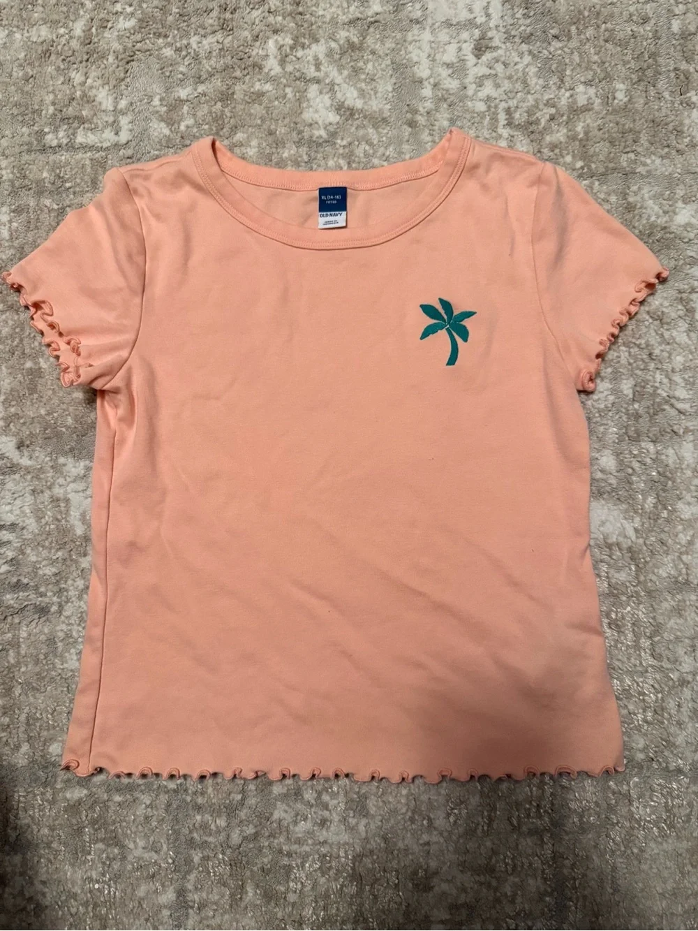 Girls' Peach Palm-Embroidered Ruffle Tee size XL-14/16